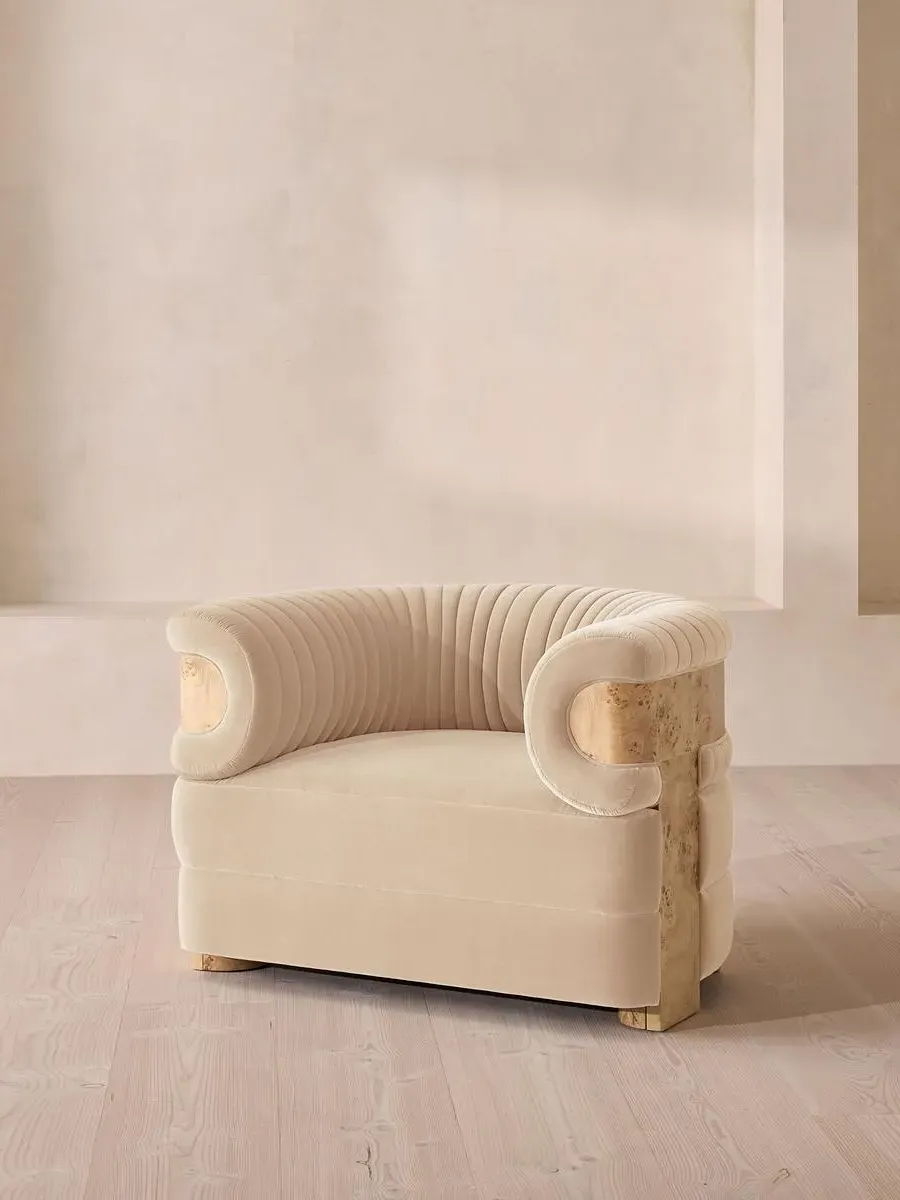 Armchair with Fluted Design - White, Velvet