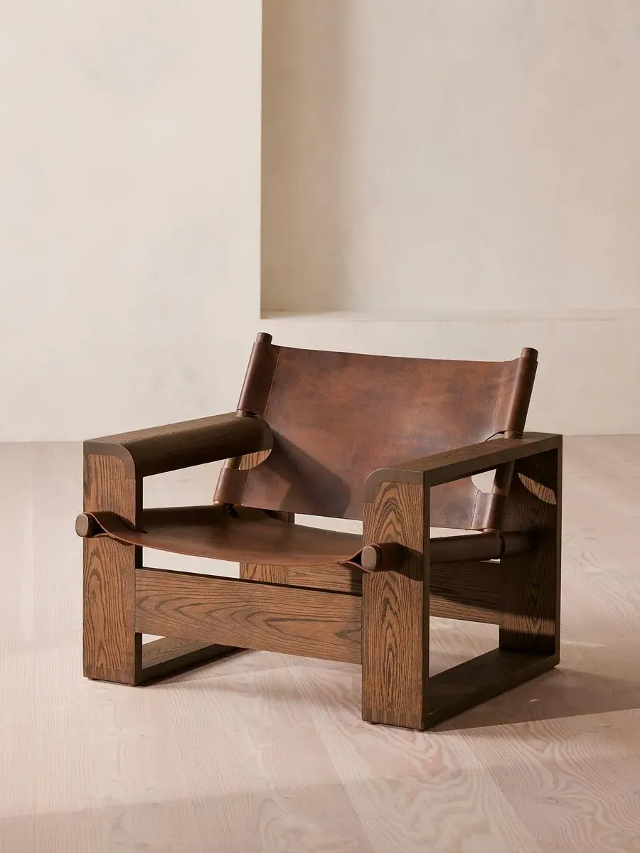 Armchair with Leather Seat - Oak, Solid Wood