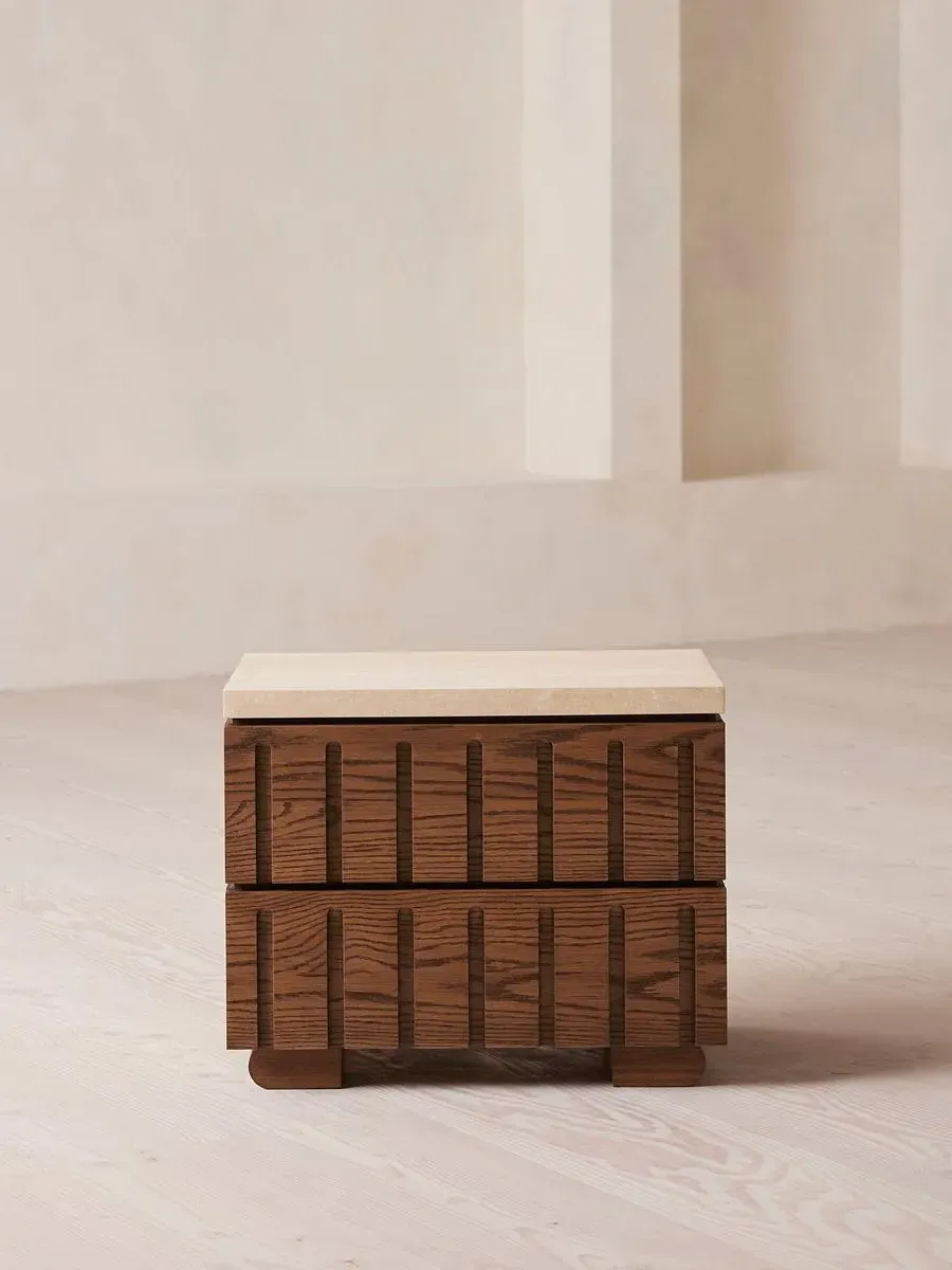 Bedside Table with Drawers - Dark Wood, Travertine image