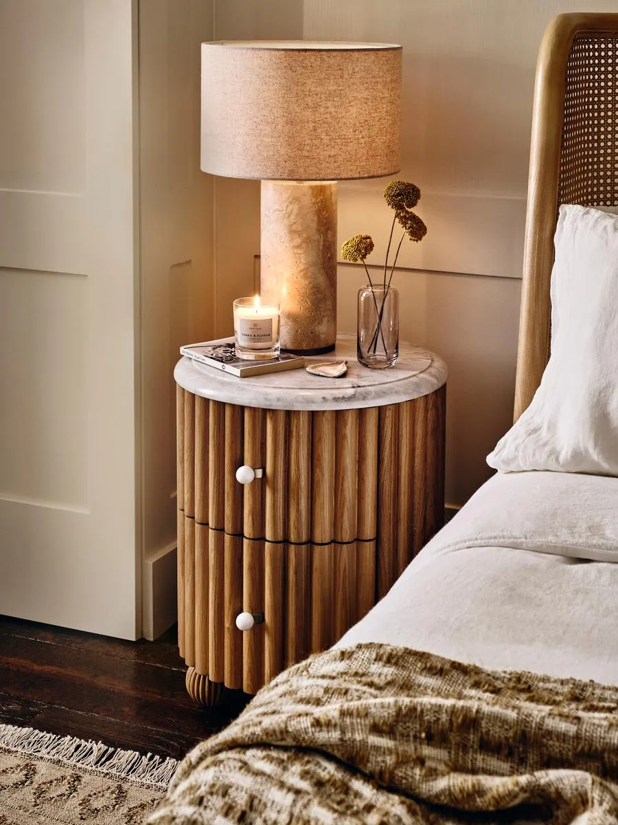 Bedside Table with Drawers - Oak, Marble image