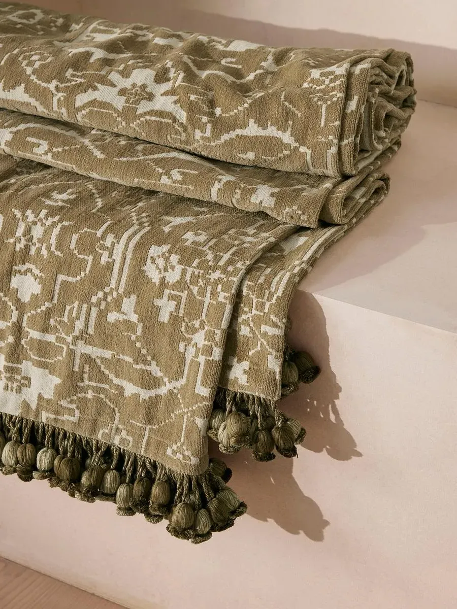 Bedspread with Pom-Pom Trim - Olive Green