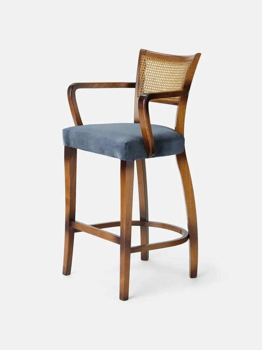 Cane Back Barstool with Arms - Grey Blue, Velvet image