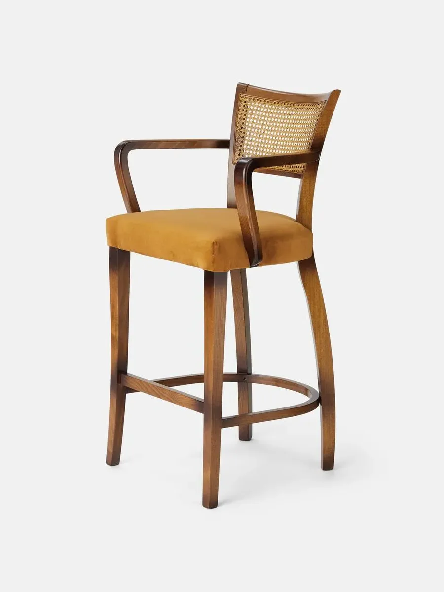 Cane Back Barstool with Arms - Mustard, Velvet
