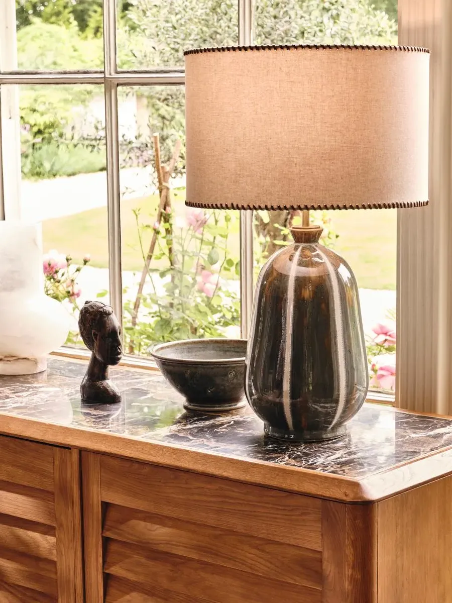 Ceramic Table Lamp with Linen Shade - Brass image