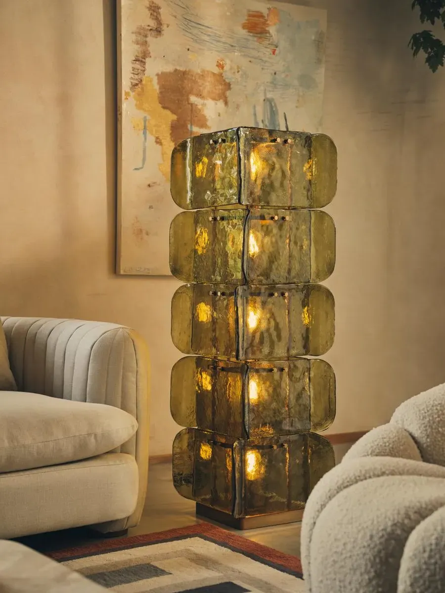 Column Floor Lamp with Brass Frame - Green Glass image