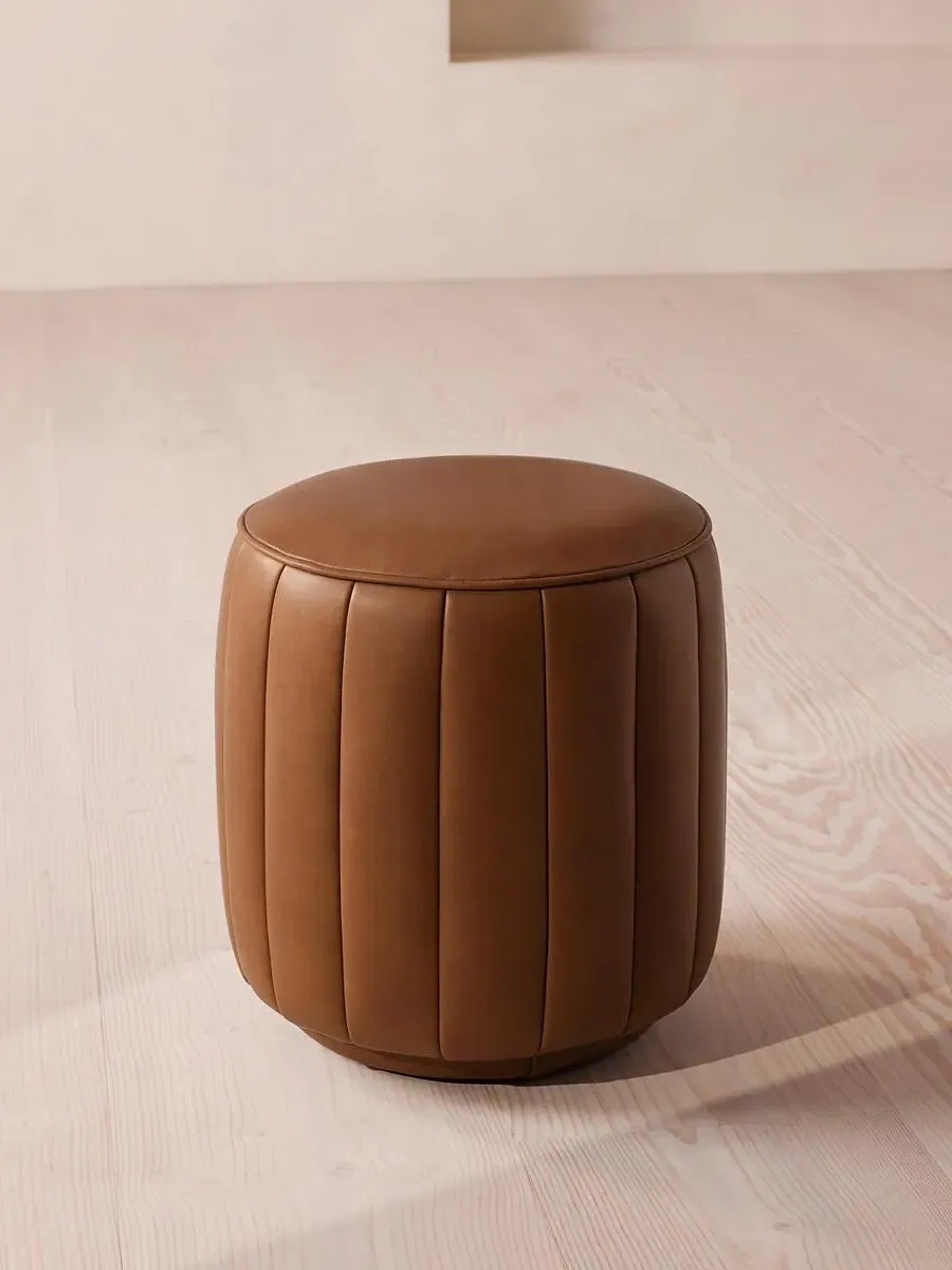 Compact Footstool Fluted Design - Chestnut Leather image