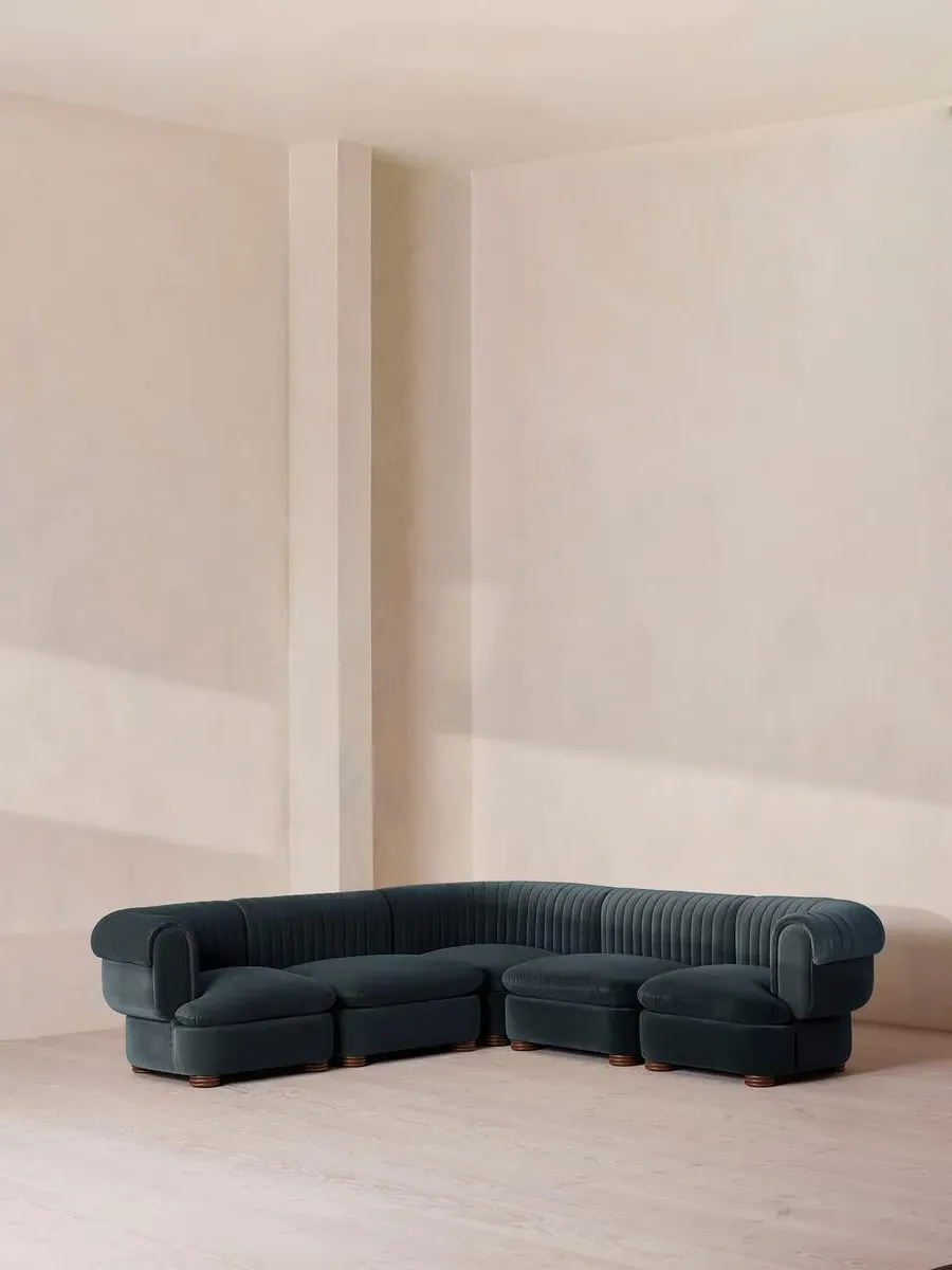Corner Modular Sofa with Fluted Back - Grey Blue, Velvet