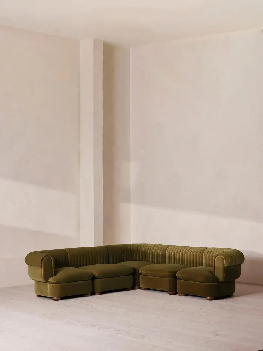 Corner Modular Sofa with Fluted Back - Olive, Velvet