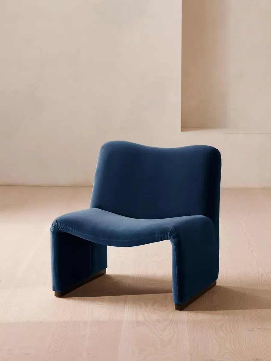 Curved Armchair with Oversized Shape - Blue, Velvet