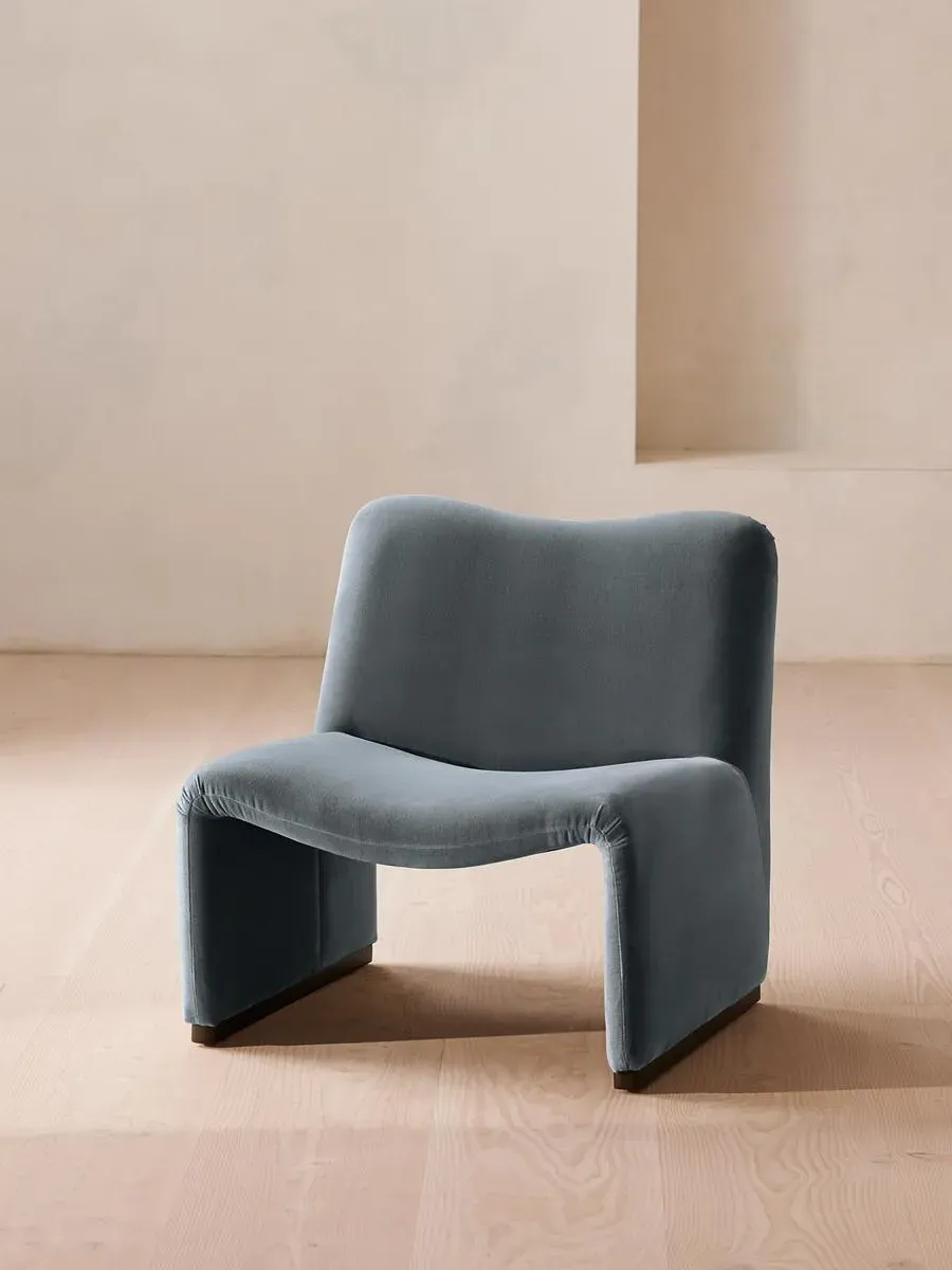 Curved Armchair with Oversized Shape - Blue, Velvet
