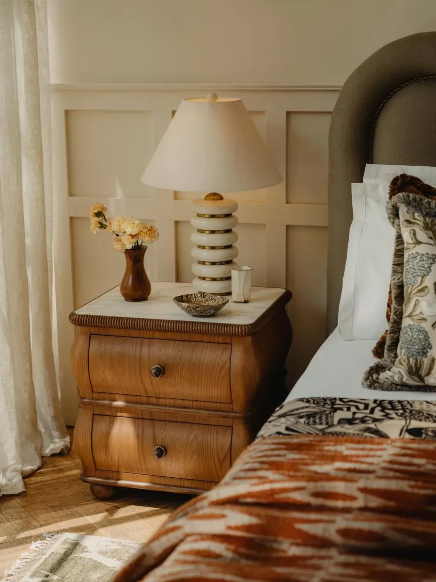 Curved Bedside Table with Drawers - Oak, Marble image