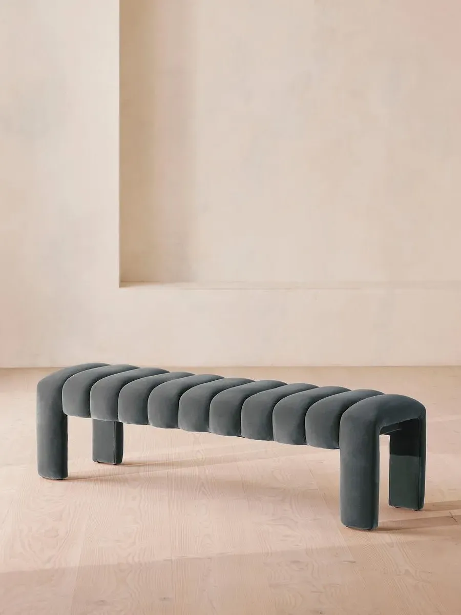 Curved Bench with Channelled Detail - Blue, Velvet image