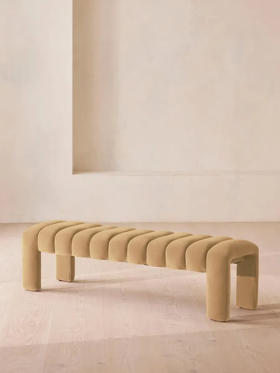 Curved Bench with Channelled Detail - Camel, Velvet