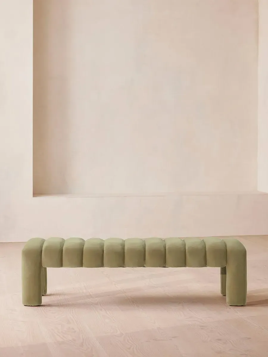 Curved Bench with Channelled Detail - Green, Velvet