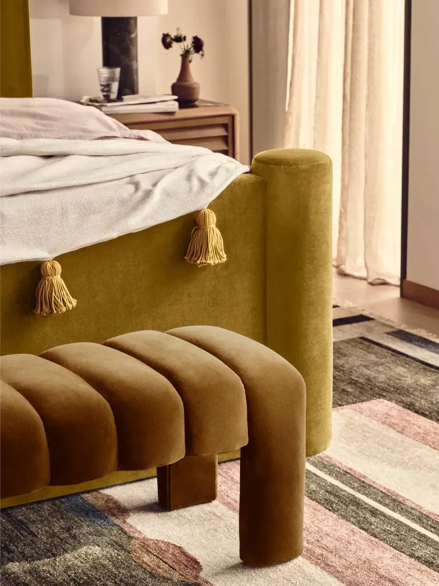Curved Bench with Channelled Detail - Mustard, Velvet