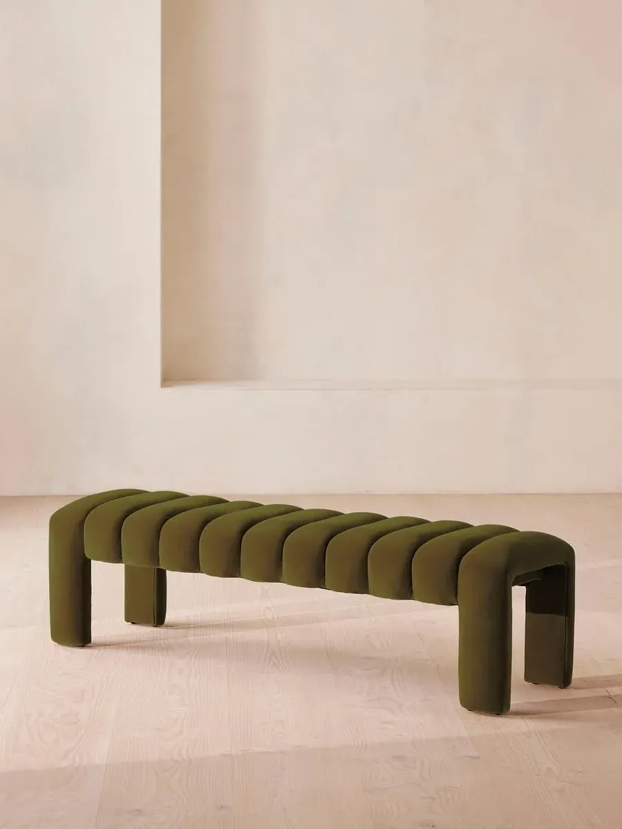 Curved Bench with Channelled Detail - Olive, Velvet