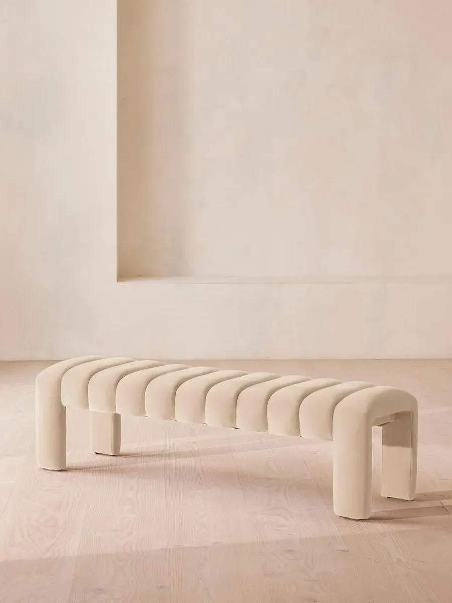 Curved Bench with Channelled Detail - Porcelain, Velvet