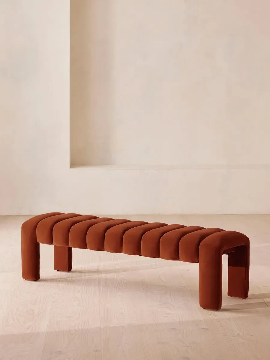 Curved Bench with Channelled Detail - Rust, Velvet