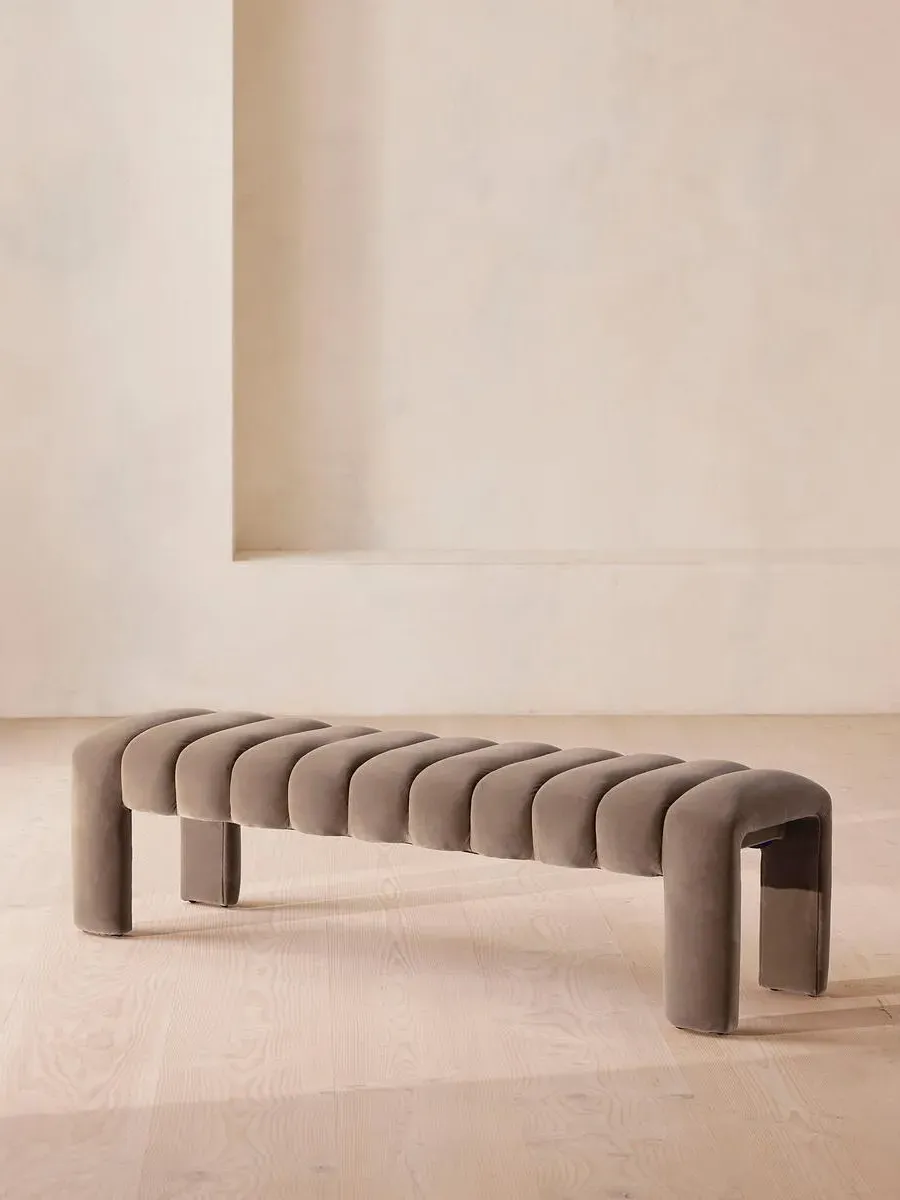Curved Bench with Channelled Detail - Taupe, Velvet