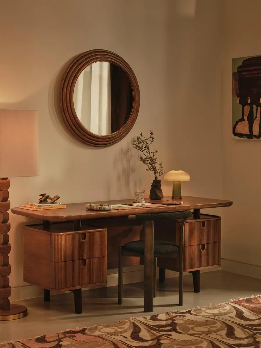 Curved Desk with 4 Drawers - Brown, Oak image