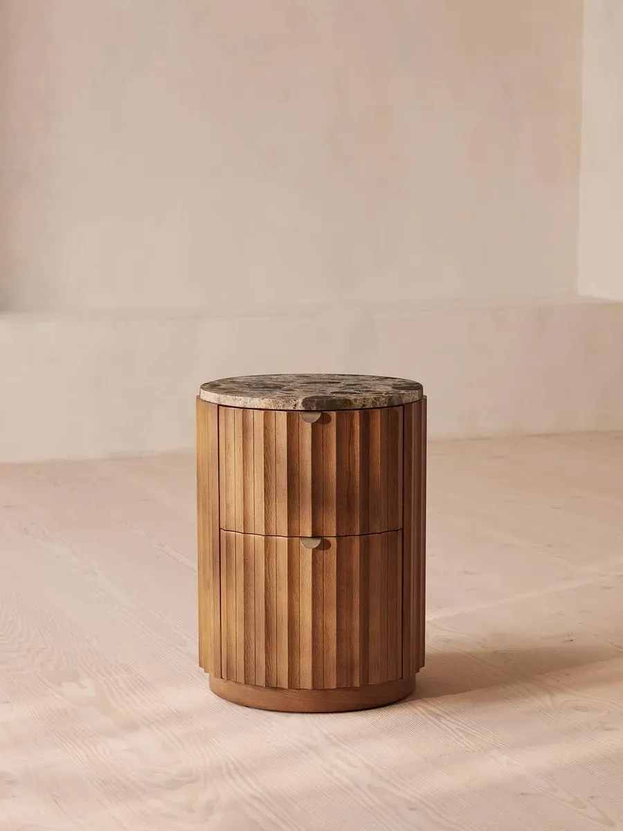 Cylindrical Bedside Table - Oak, Marble Top image