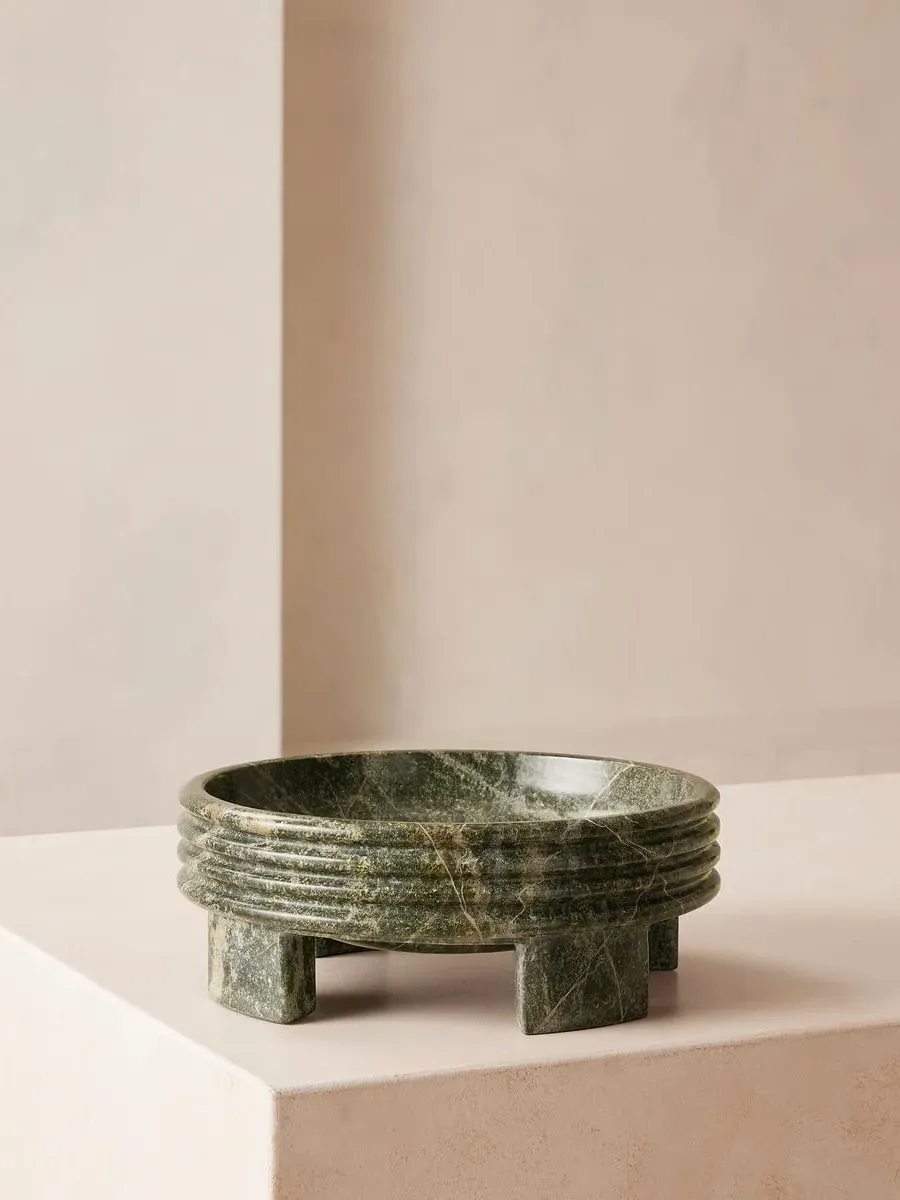 Decorative Bowl with Ribbed Edge - Green, Marble image