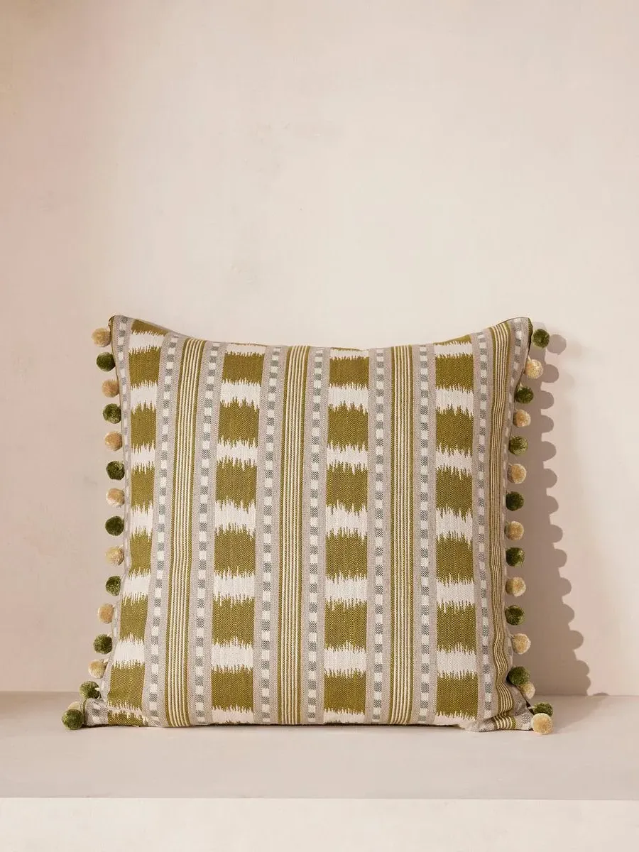 Decorative Cushion with Pom-Pom Trim - Cotton Linen