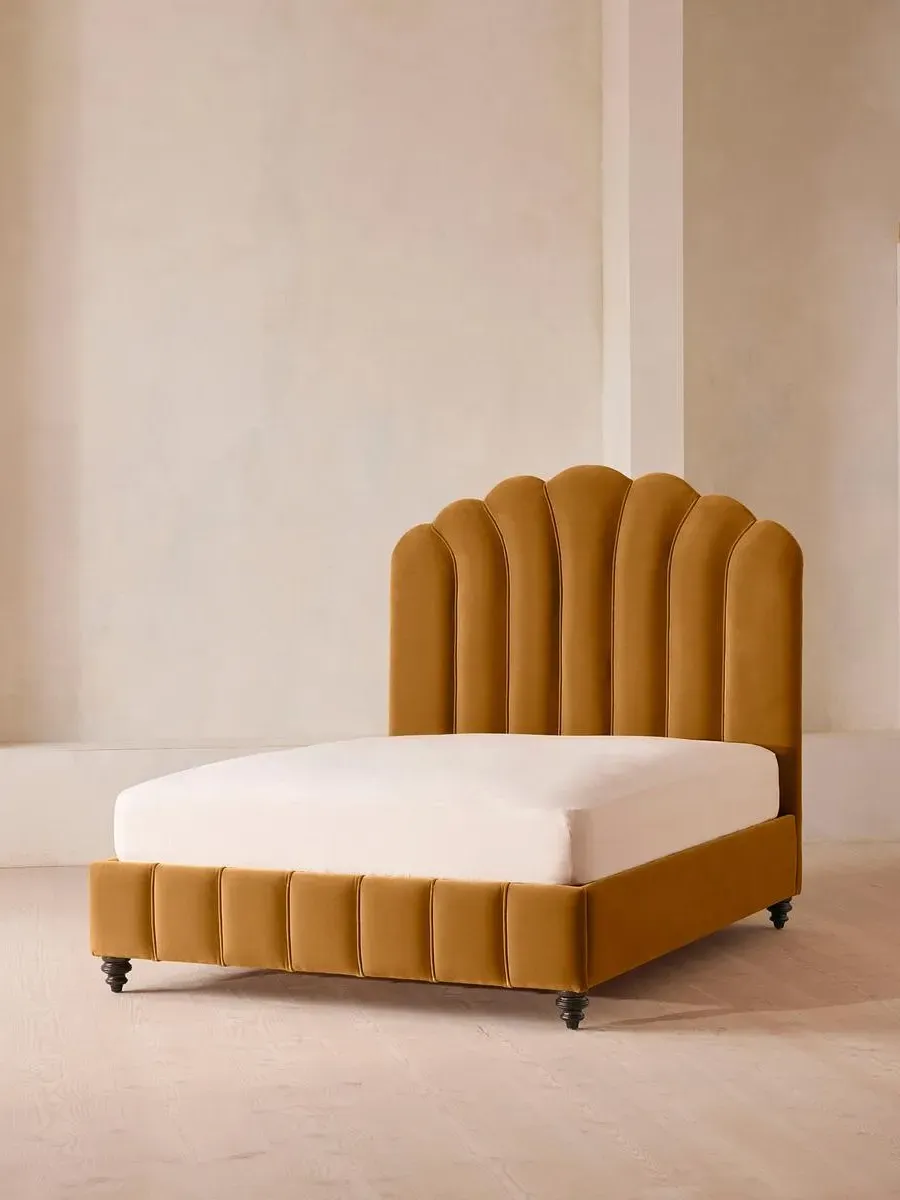 Double Bed with Fan Headboard - Mustard, Velvet