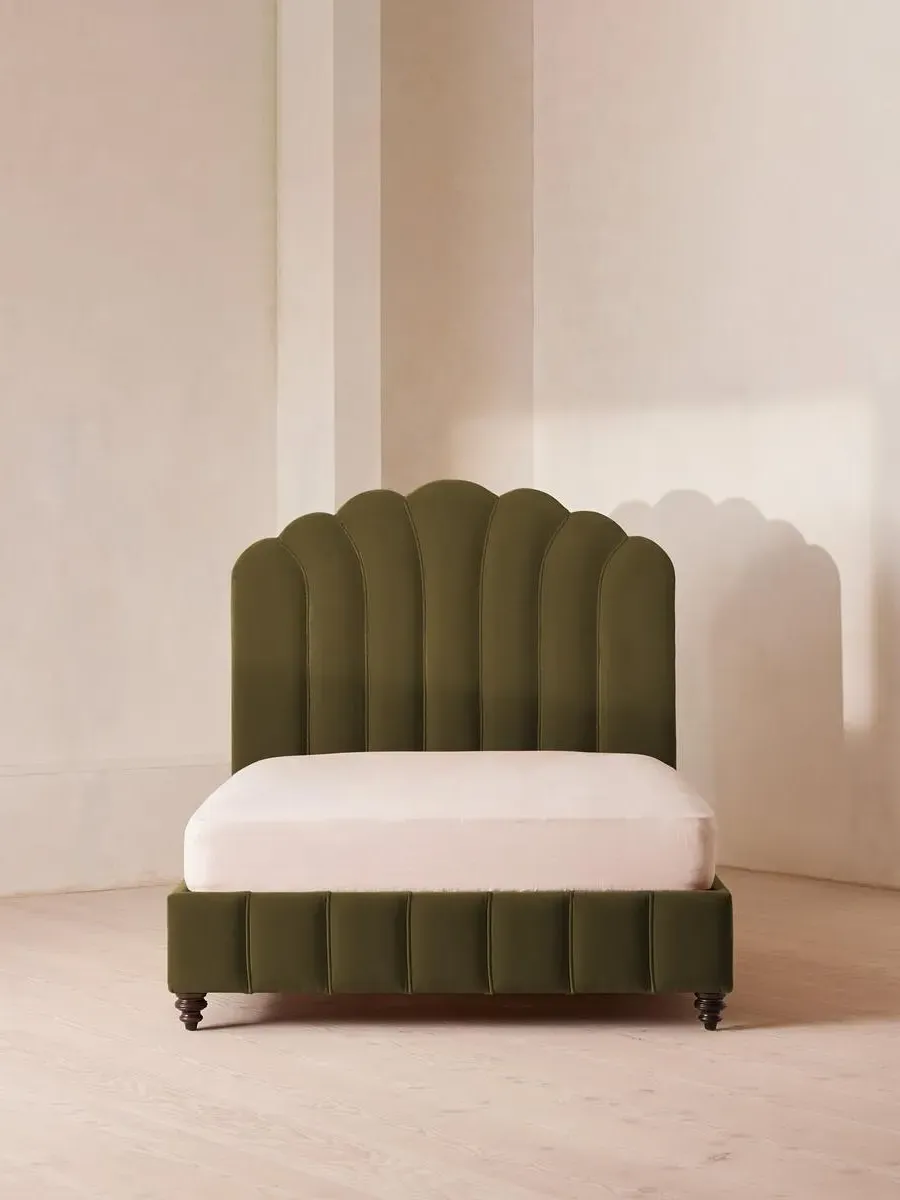 Double Bed with Fan Headboard - Olive, Velvet