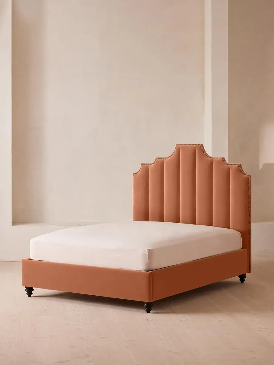 Double Bed with Fluted Headboard - Antique Rose, Velvet