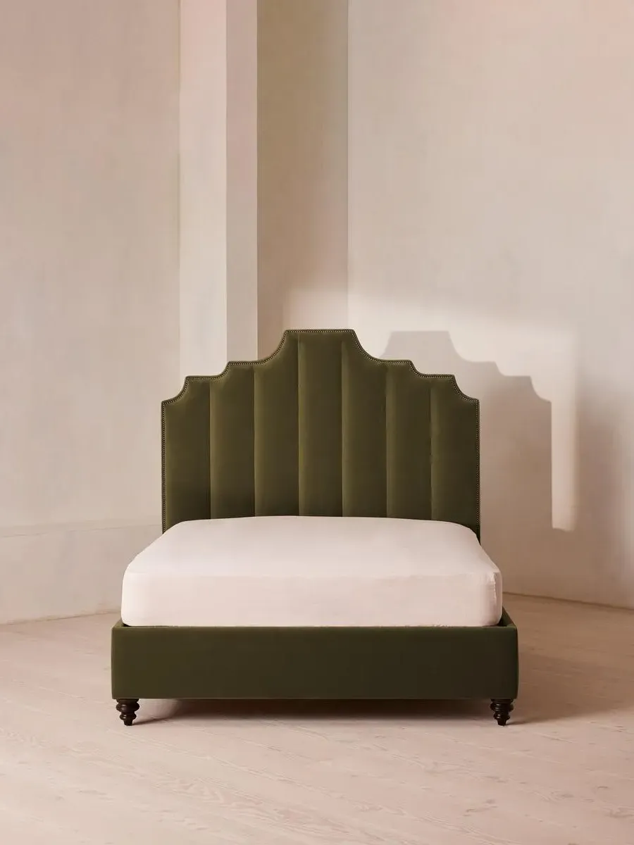 Double Bed with Fluted Headboard - Olive, Velvet