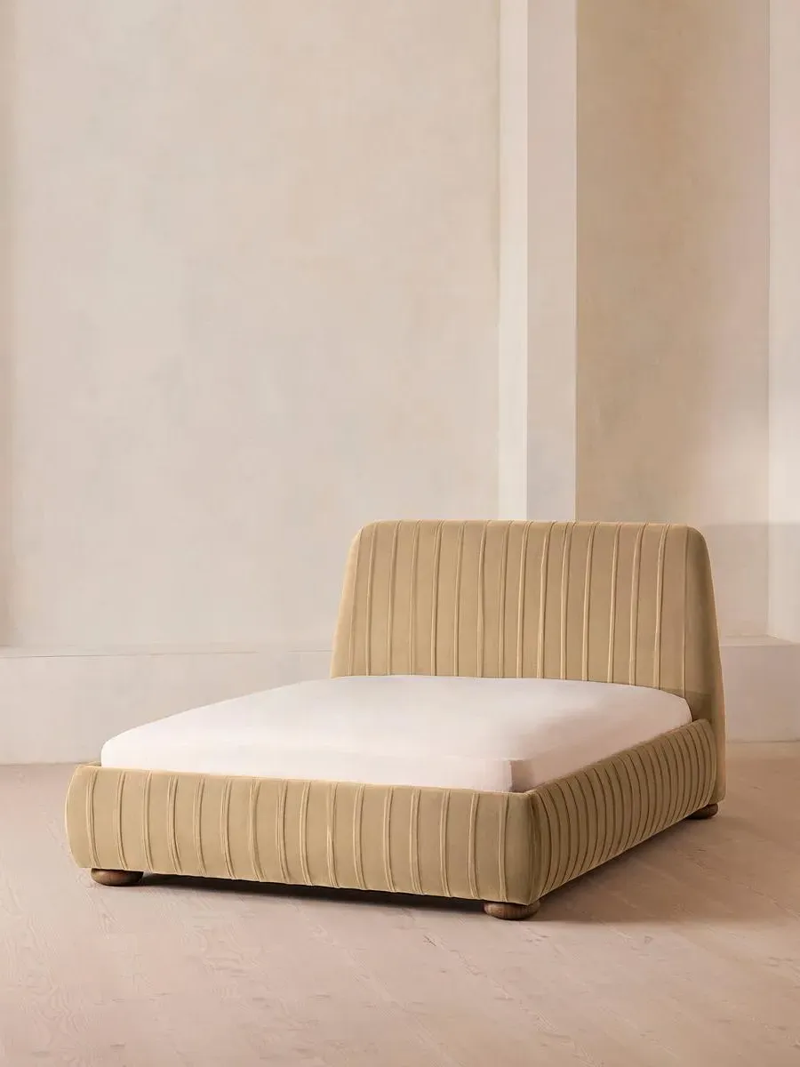 Double Bed with Pleated Headboard - Camel, Velvet