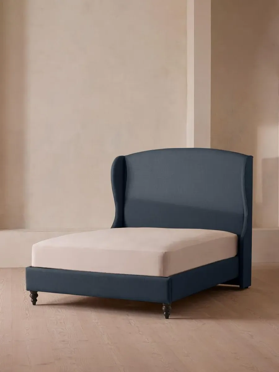 Double Bed with Winged Headboard - Blue, Linen