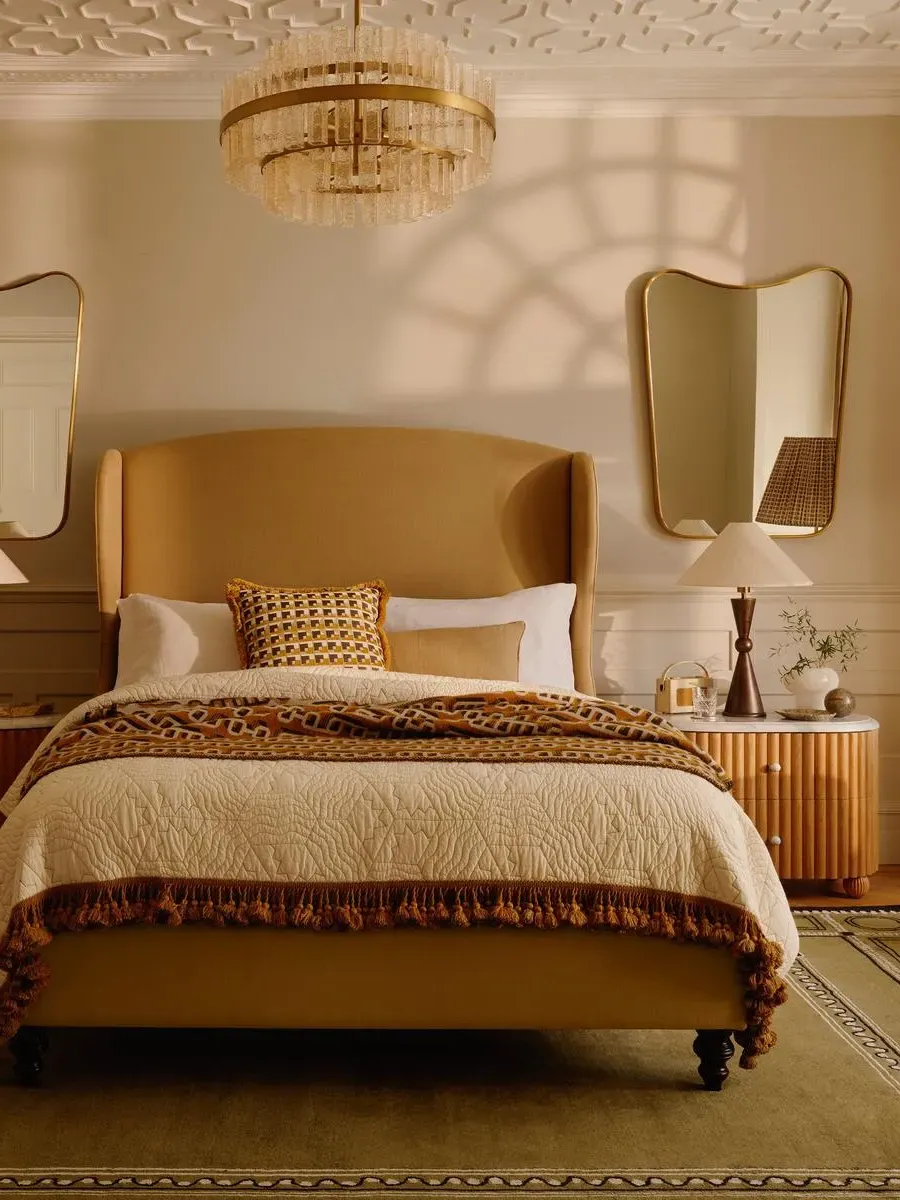 Double Bed with Winged Headboard - Camel, Velvet