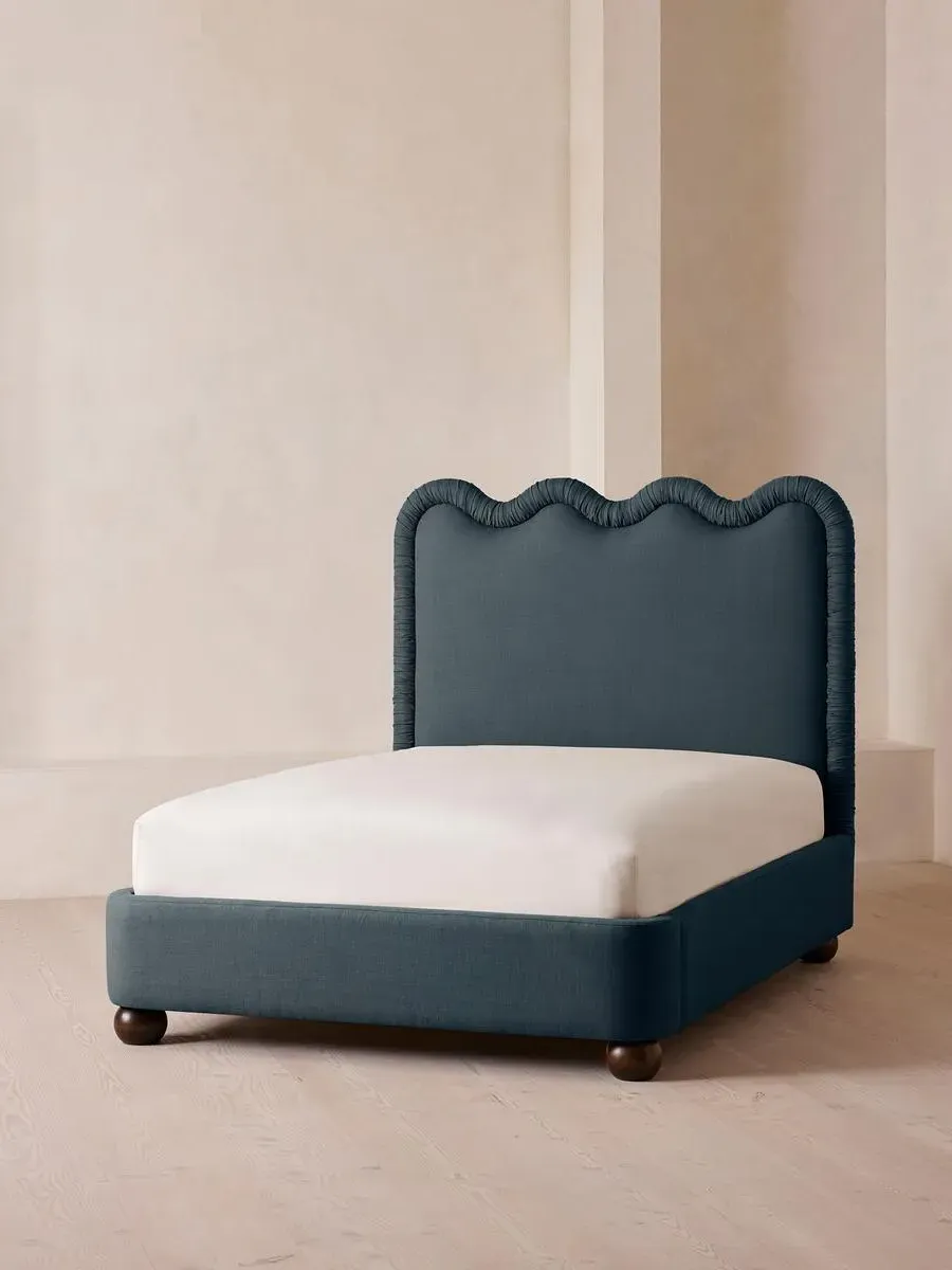 Emperor Bed with Wavy Headboard - Prussian Blue, Linen