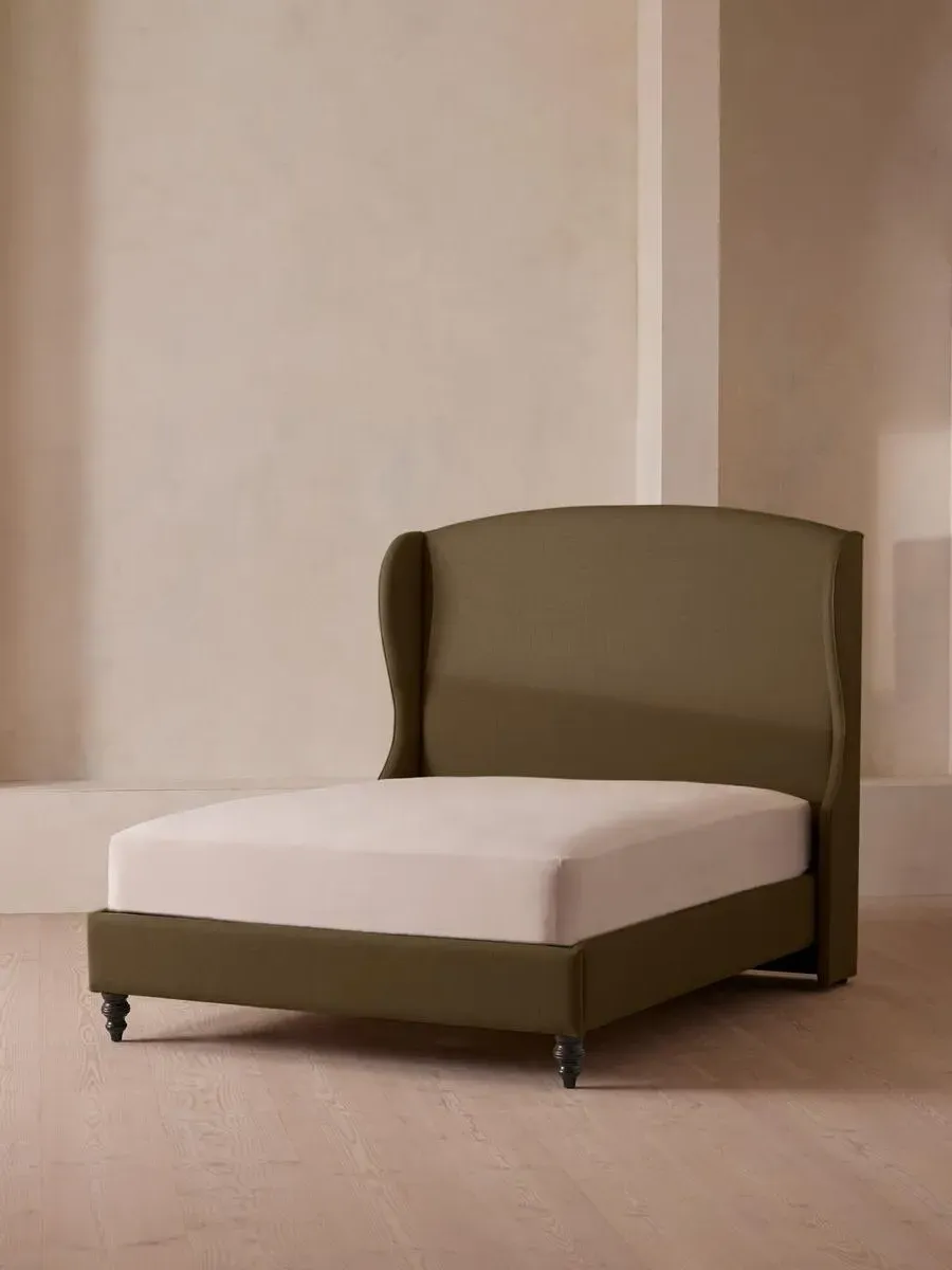 Emperor Bed with Winged Headboard - Olive, Linen