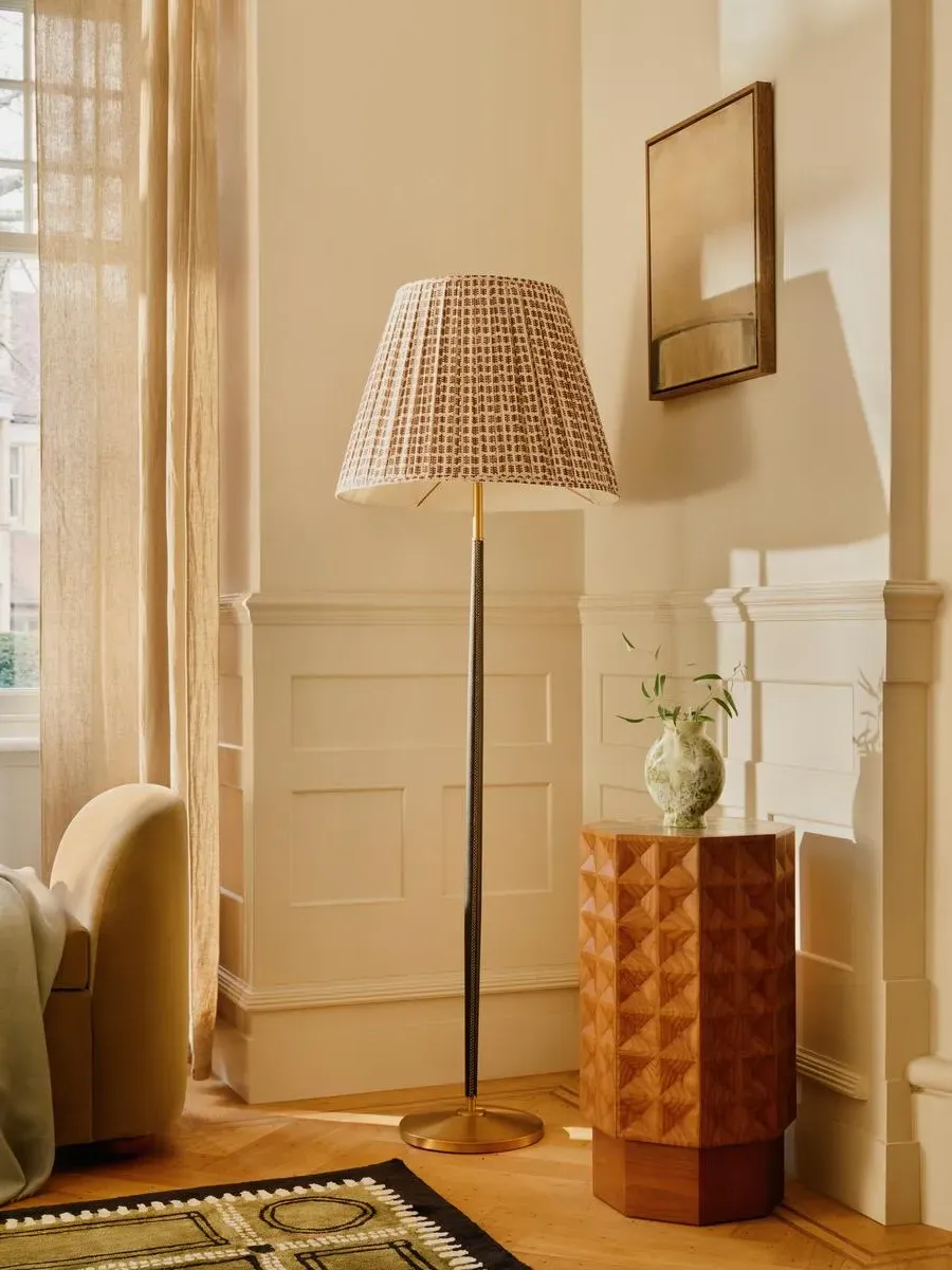 Floor Lamp with Patterned Shade - Brass, Leather image