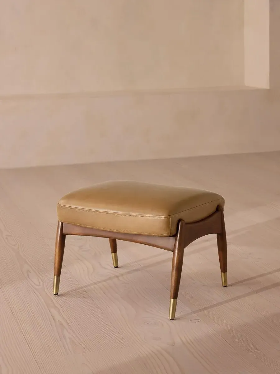 Footstool with Brass Details - Honey, Leather