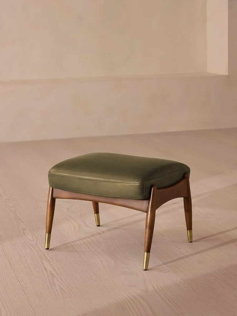 Footstool with Brass Details - Moss, Leather