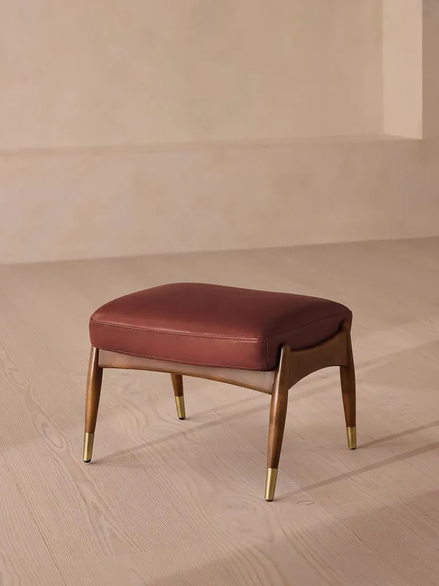 Footstool with Brass Details - Sangria, Leather