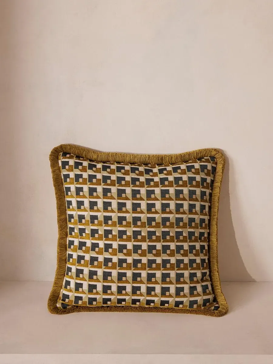 Geometric Cushion with Fringe - Ochre, Jacquard image