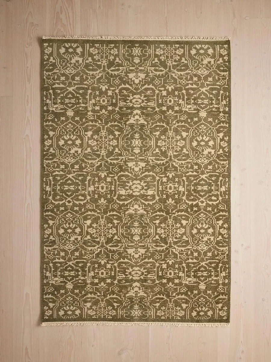 Hand-Knotted Rug with Damask Pattern - Olive image
