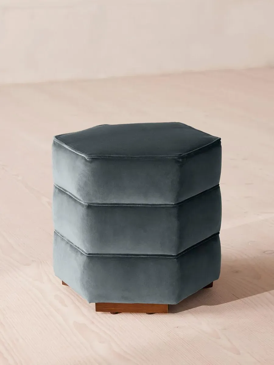 Hexagonal Footstool with Piping - Grey Blue, Velvet image