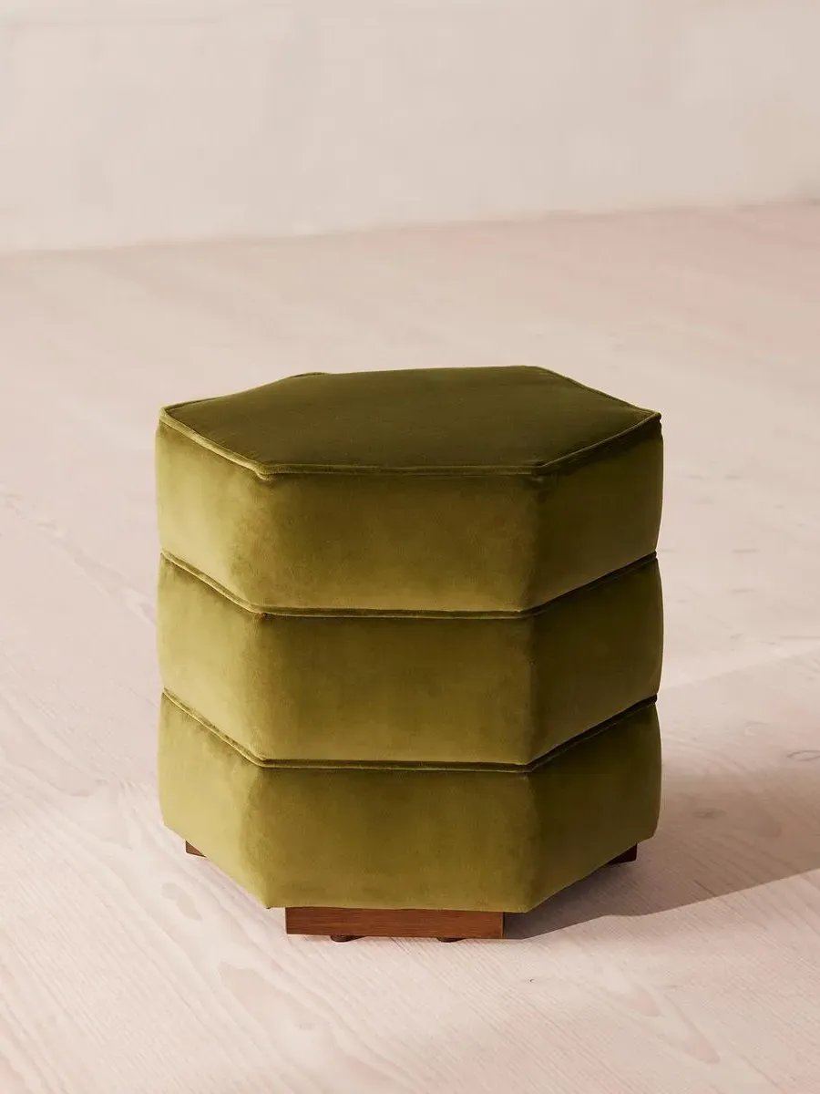 Hexagonal Footstool with Piping - Olive, Velvet