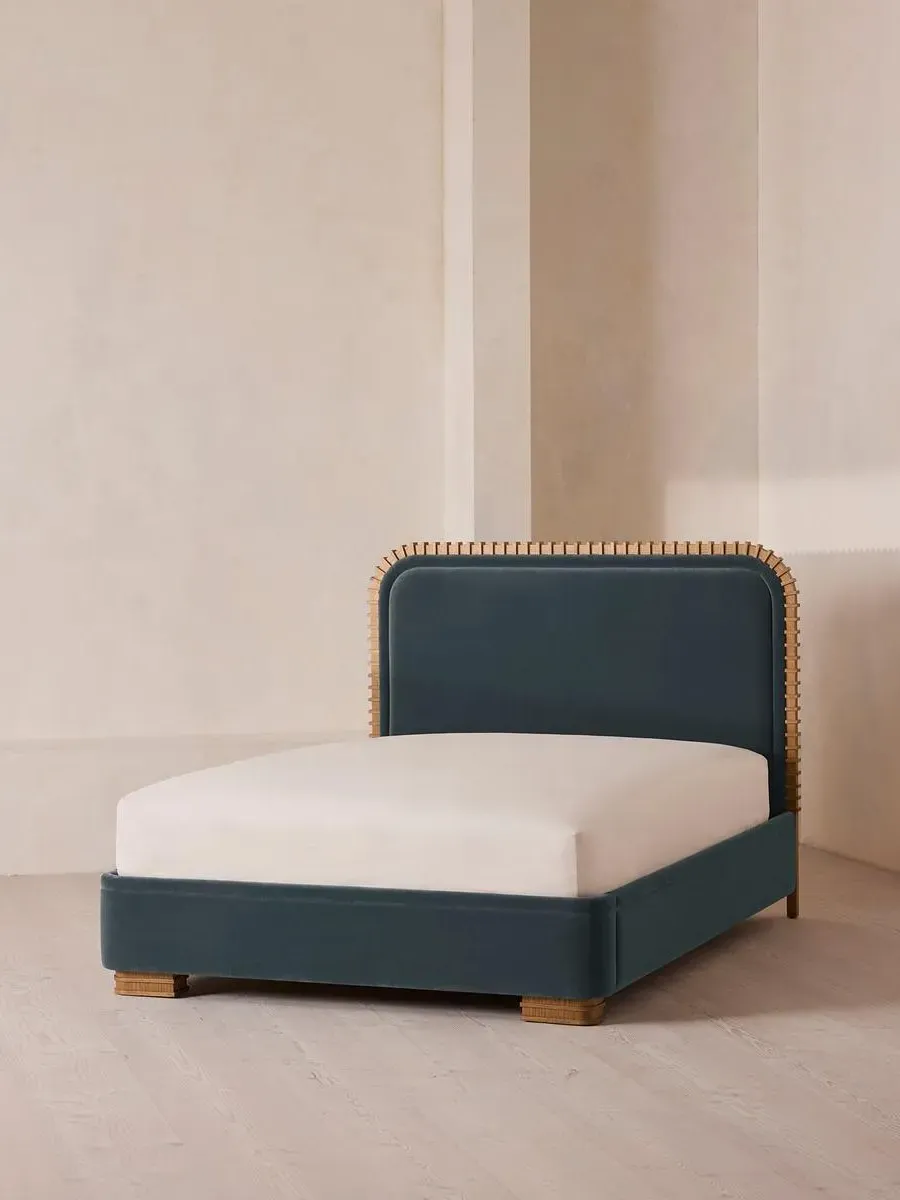 King Bed with Carved Headboard - Blue, Velvet image