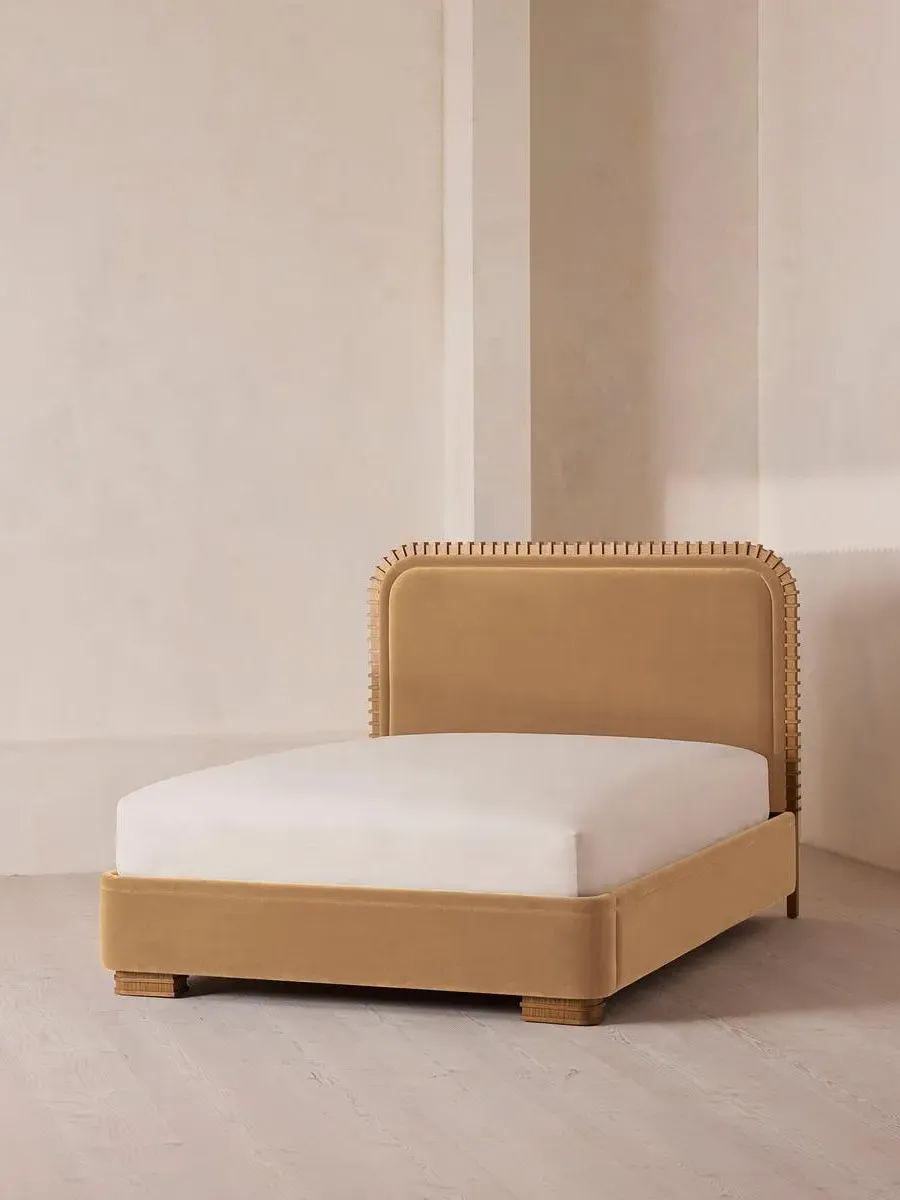 King Bed with Carved Headboard - Camel, Velvet