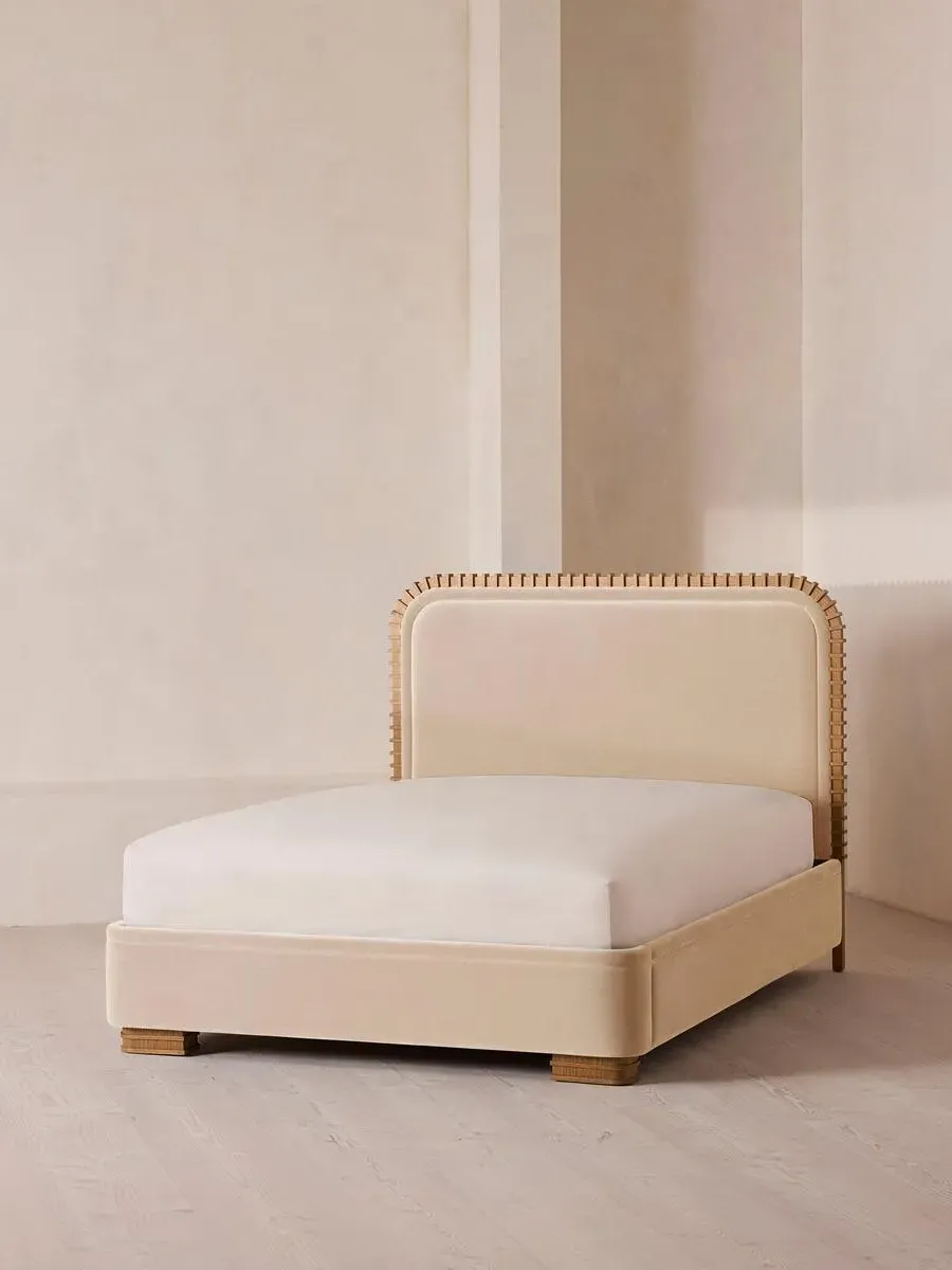 King Bed with Carved Headboard - Porcelain, Velvet