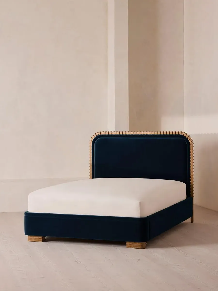 King Bed with Carved Headboard - Royal Blue, Velvet