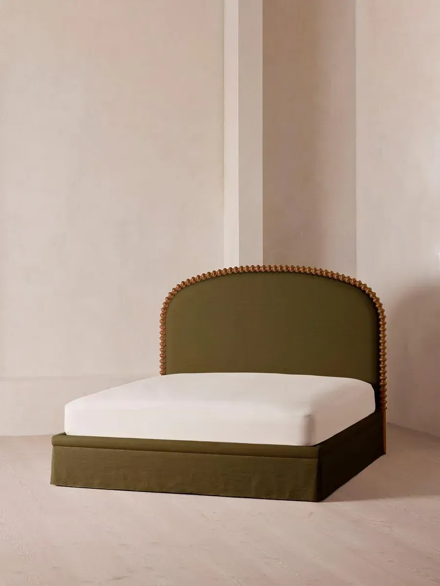 King Bed with Curved Headboard - Olive, Linen