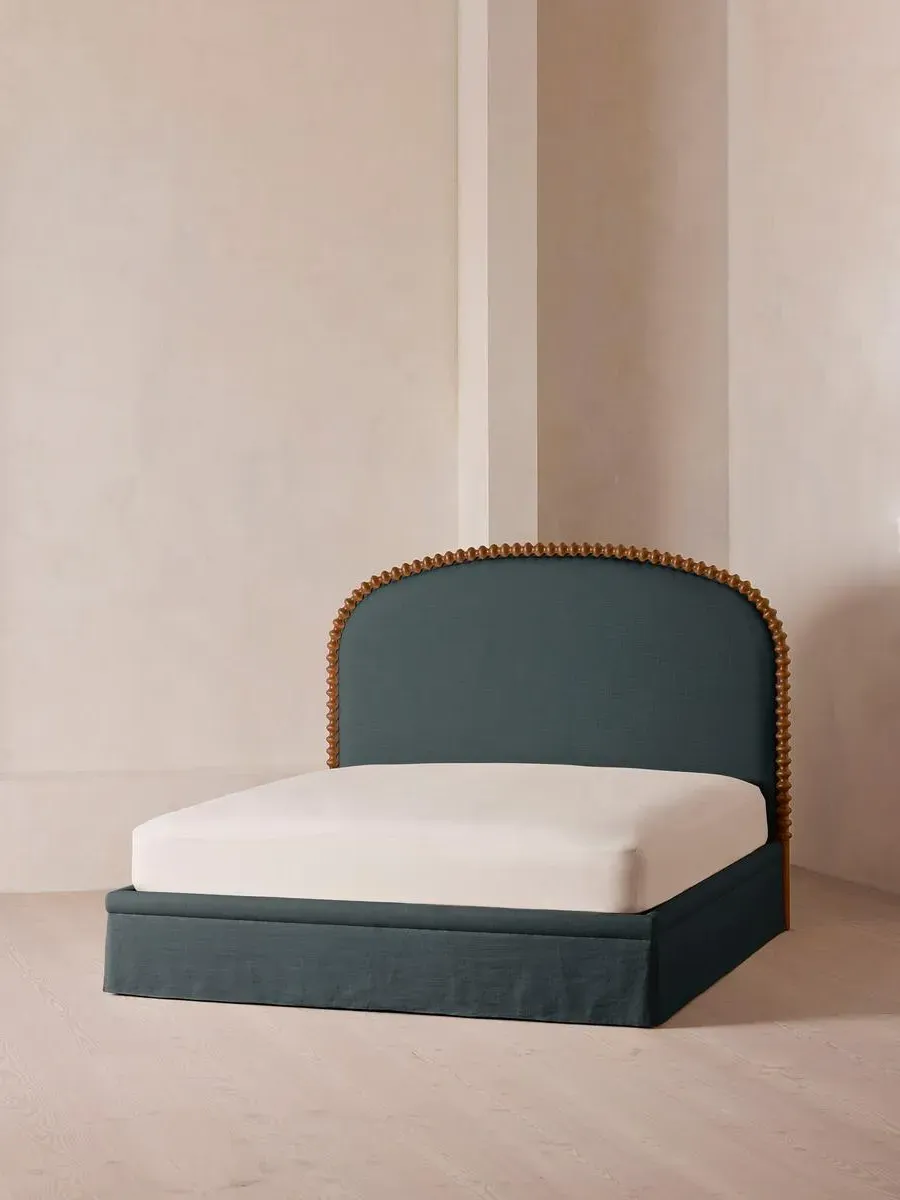 King Bed with Curved Headboard - Prussian Blue, Linen